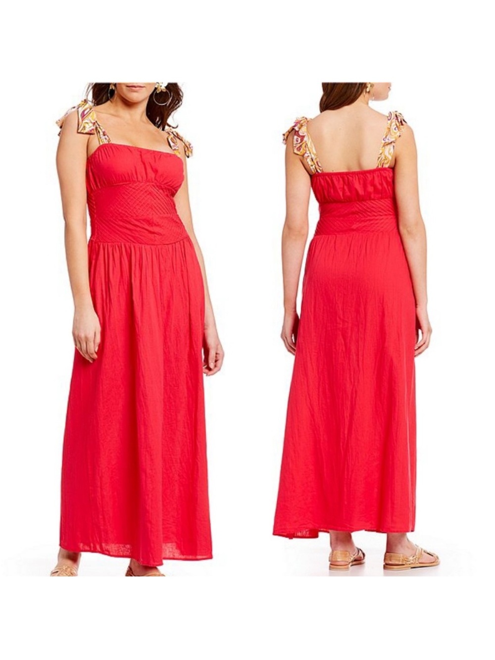 Free People Red Tie-Shoulder Maxi Dress with Patterned Straps Linen Size S